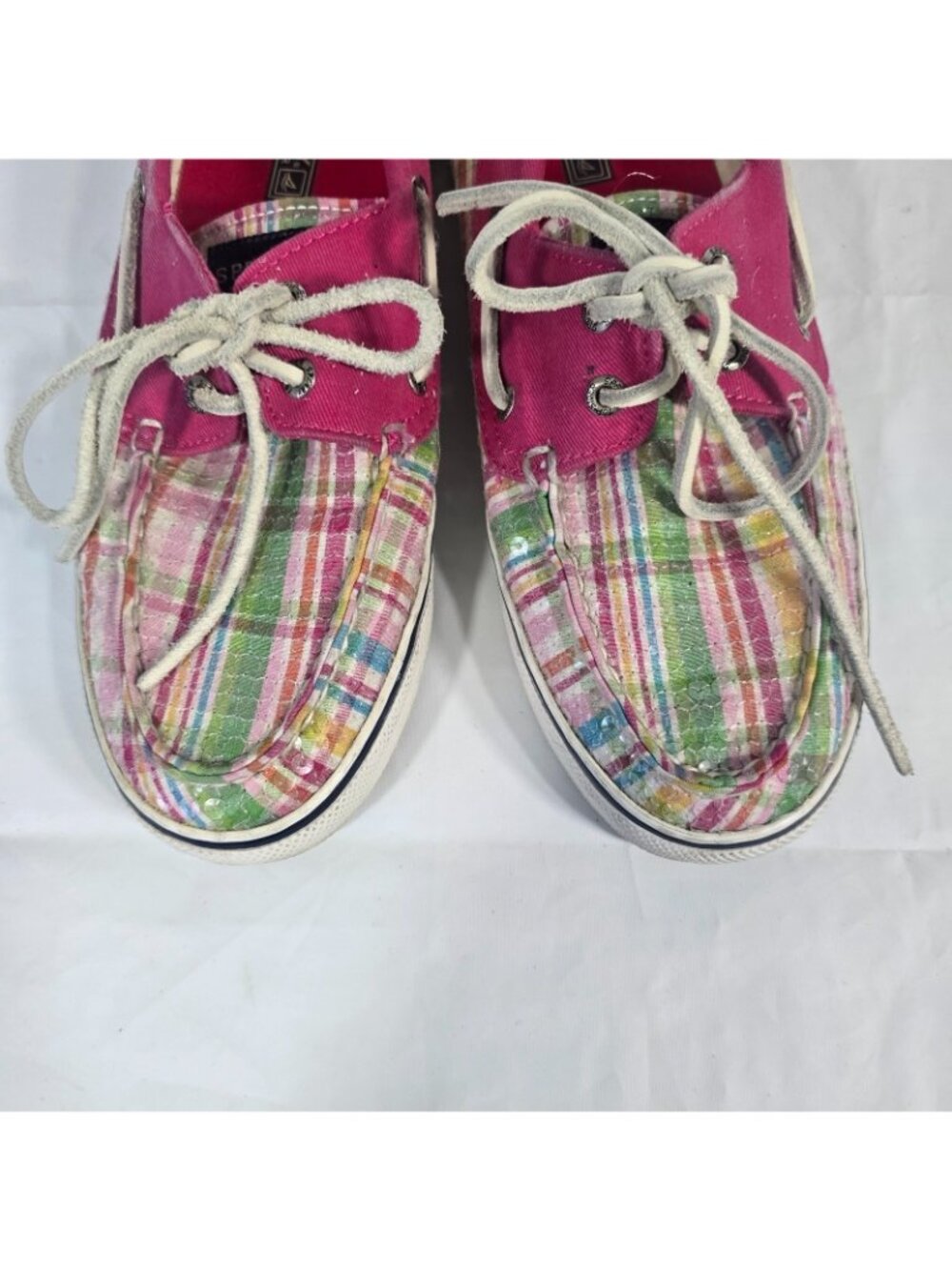Sperry Top Sider Plaid Sequin Boat Shoes Women Size 9 Pink Pastel Coastal Preppy - Picture 3 of 10
